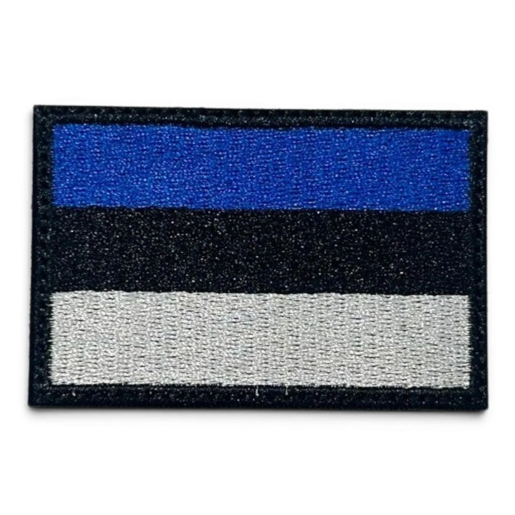 Binoklipood embroidered Estonia flag patch with blue, black, and white stripes. Iron-on backing.