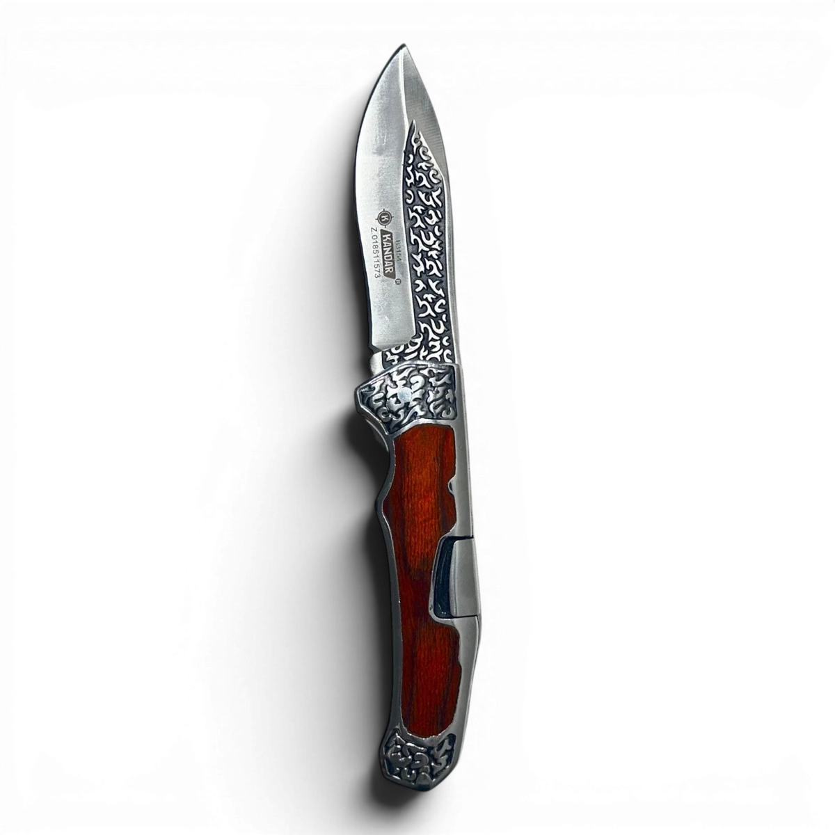 Binoklipood folding pocket knife with stainless steel blade and polished wood handle with ornate metal bolsters.