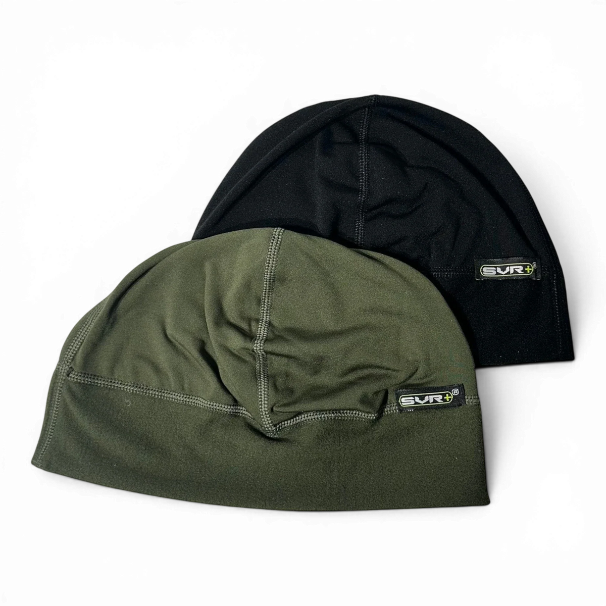 Binoklipood performance athletic skull cap beanies in black and olive green with moisture-wicking fabric and flatlock seams.