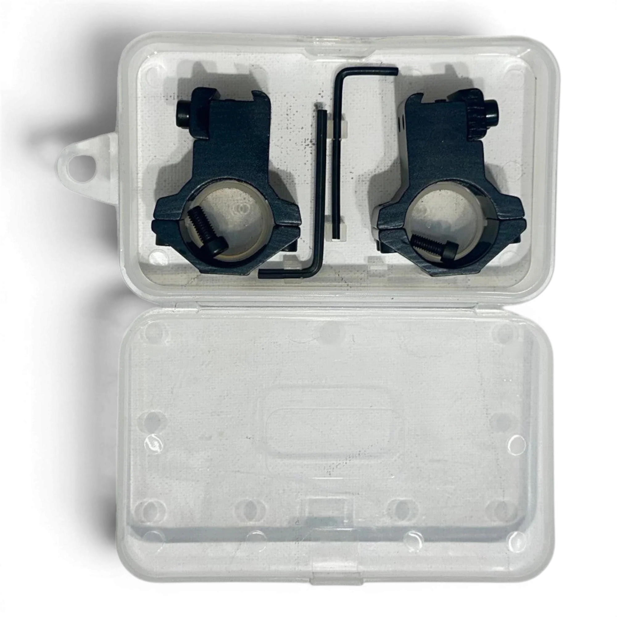 Binoklipood black aluminum scope ring mount set with Allen wrench in clear plastic case