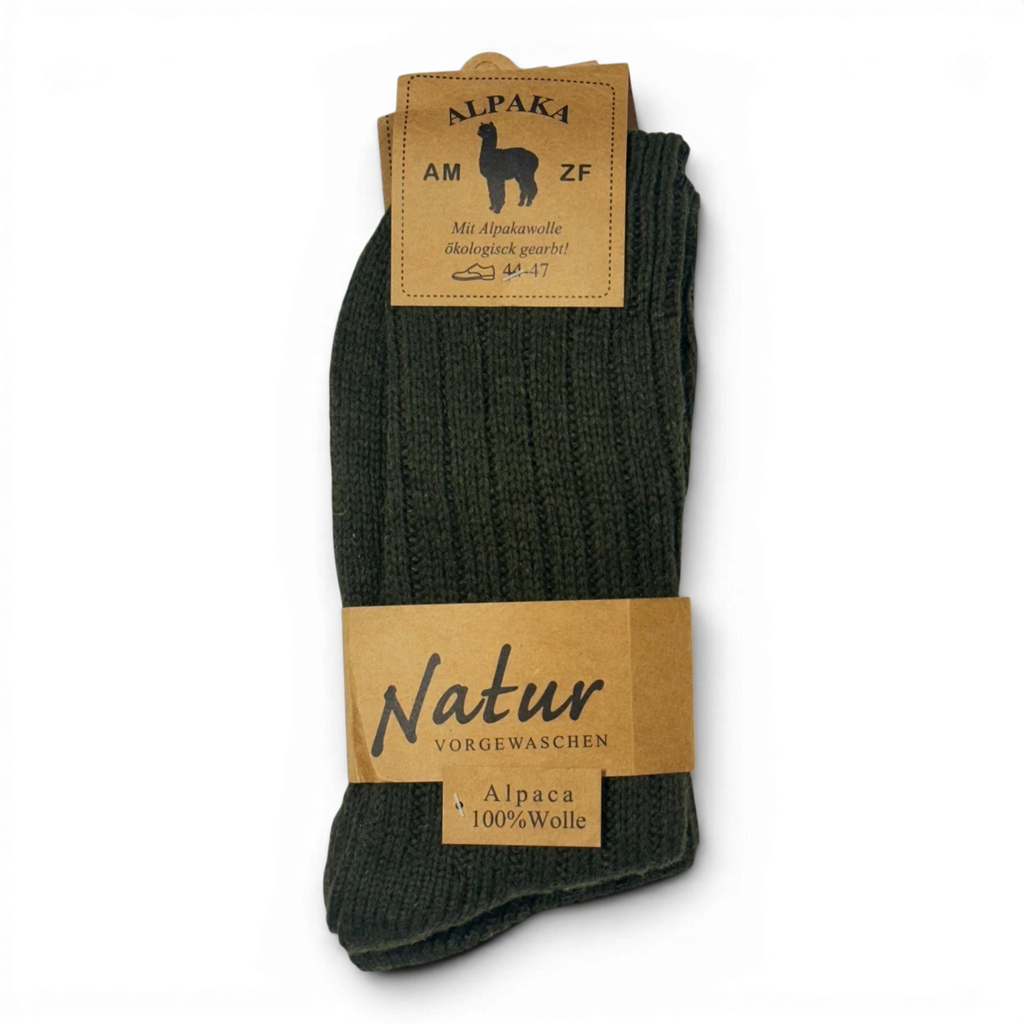 Binoklipood dark green ribbed Alpaca wool socks, 100% wool, size 44-47. Ideal for warmth and comfort.