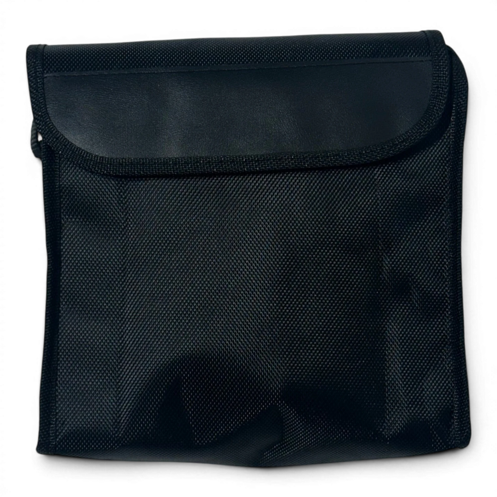 Binoklipood black nylon carrying case for binoculars with velcro closure and durable stitching.