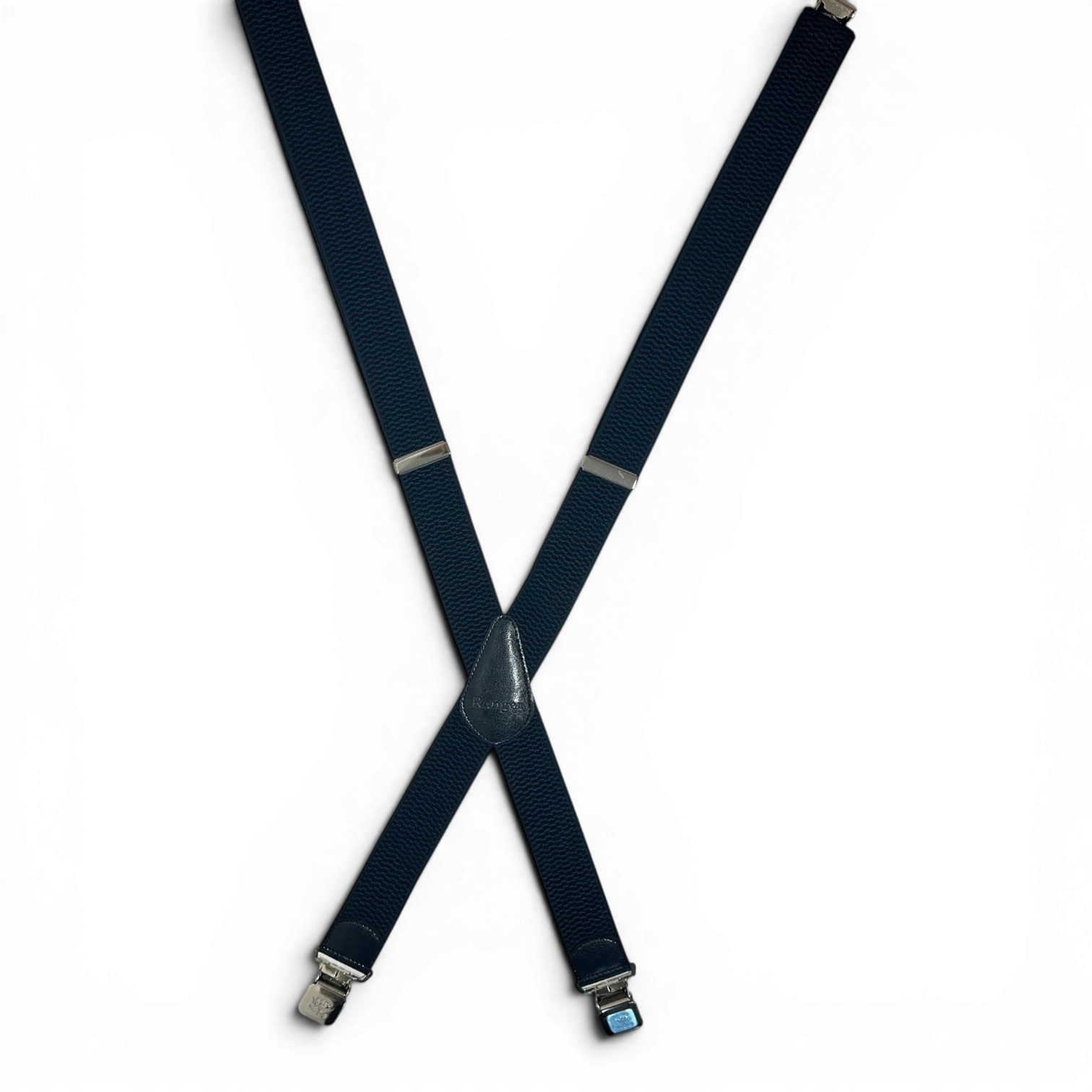 Binoklipood black elastic X-back suspenders with leather accents and silver clasps.