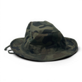 Binoklipood camouflage boonie hat with chin strap, featuring a classic bucket silhouette and wide brim for sun protection. Shades of green, brown, and black.