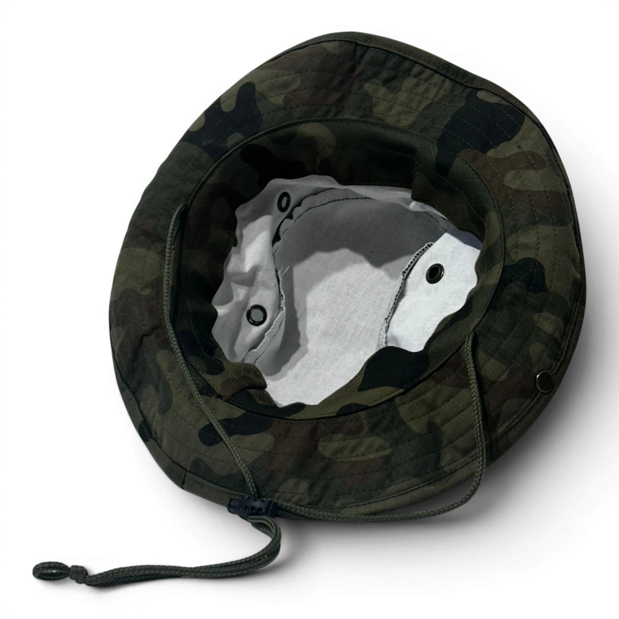 Binoklipood camouflage boonie hat with chin strap and metal eyelets for ventilation. Green, brown, black pattern.