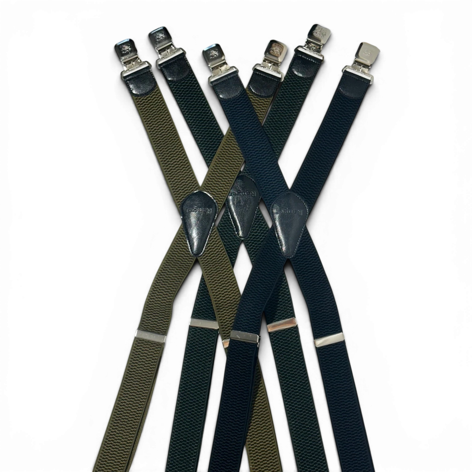 Binoklipood classic X-back suspenders in olive green and navy blue with leather accents and metal clasps.