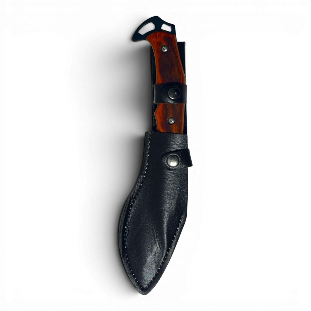 Binoklipood Curved blade bushcraft knife with wooden handle and black leather sheath. High-carbon steel blade.