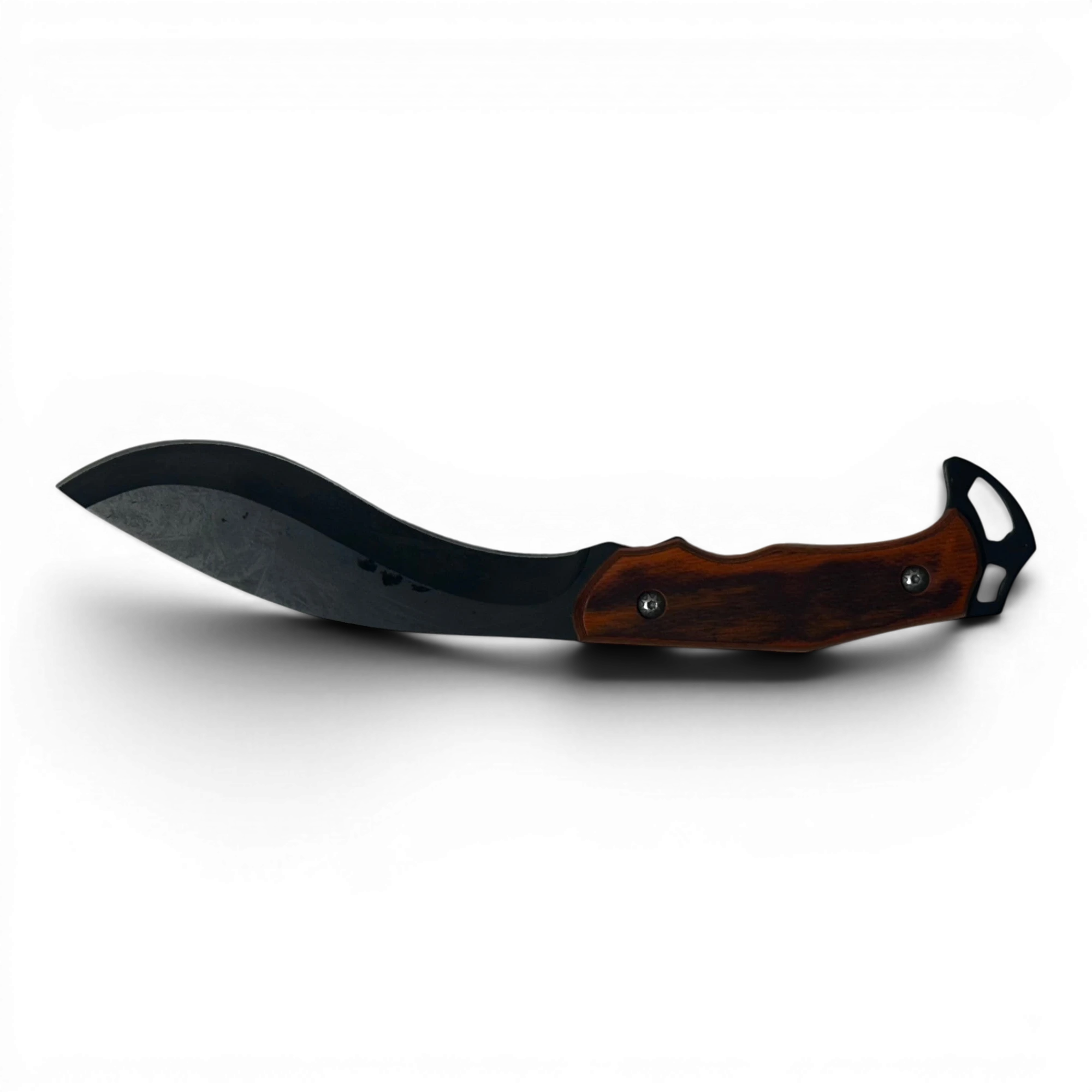 Binoklipood curved blade bushcraft knife with black high-carbon steel blade and polished wood handle.