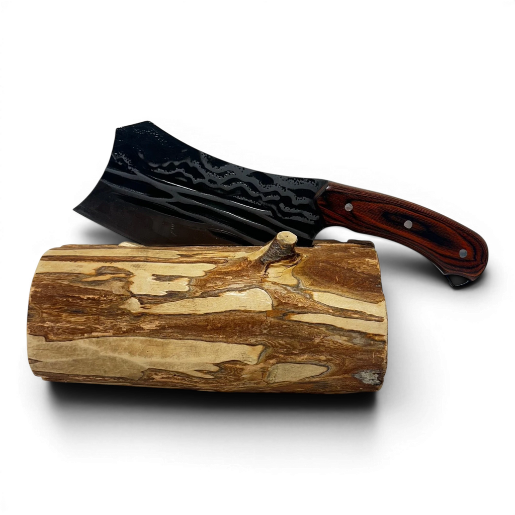 Binoklipood Hand Forged Damascus Steel Butcher Knife with a dark wood handle and a striking Damascus pattern on the blade.