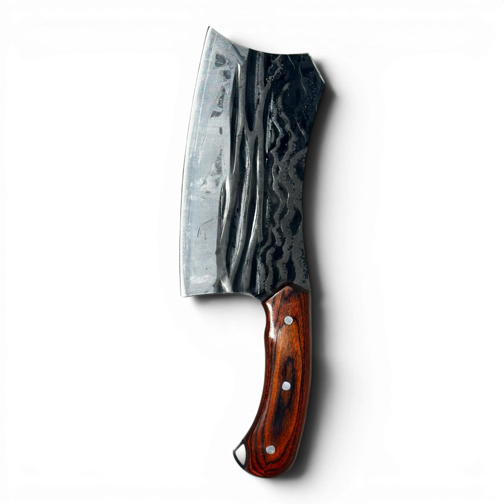 Binoklipood hand-forged Damascus steel butcher knife with a wooden handle. Heavy-duty cleaver for professional use.