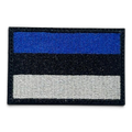 Binoklipood embroidered Estonia flag patch with blue, black, and white stripes. Iron-on backing.