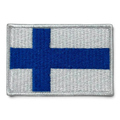 Binoklipood Finland flag embroidered patch with blue cross on white background. Durable fabric, stitched edges.