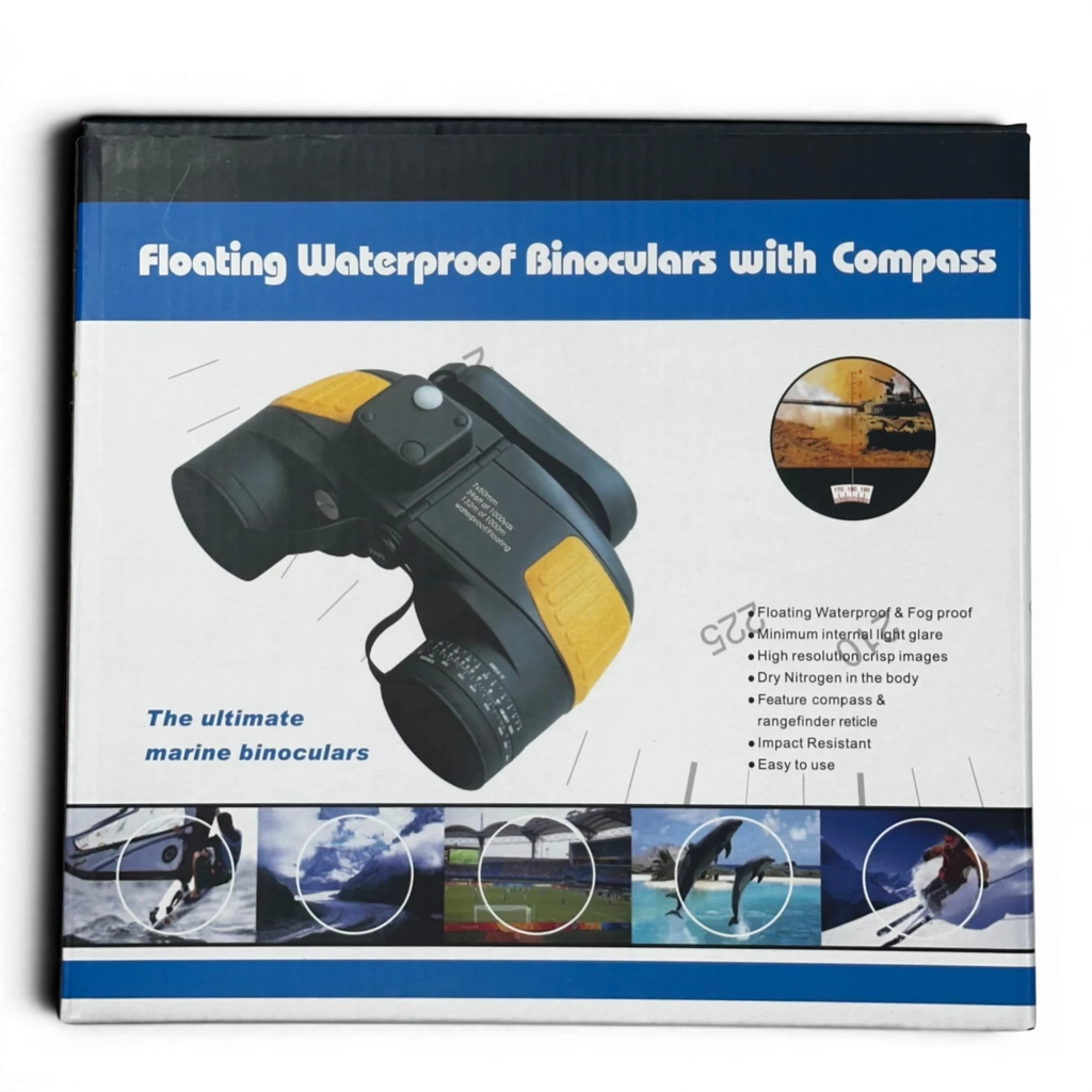 Binoklipood marine binoculars are floating, waterproof, and fog-proof with a built-in compass and rangefinder reticle.