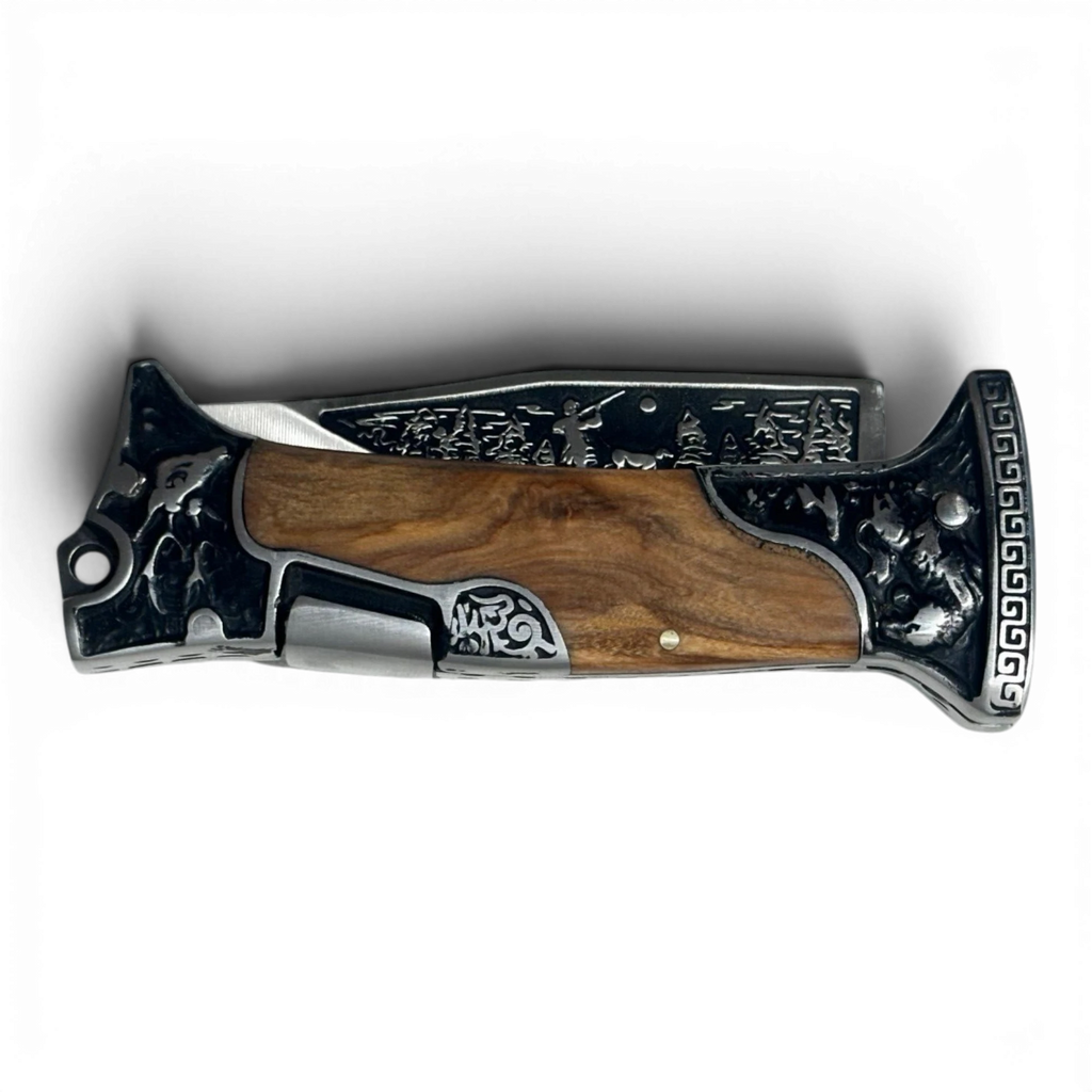 Binoklipood decorative folding pocket knife with stainless steel blade and polished wood handle featuring intricate wildlife metalwork.