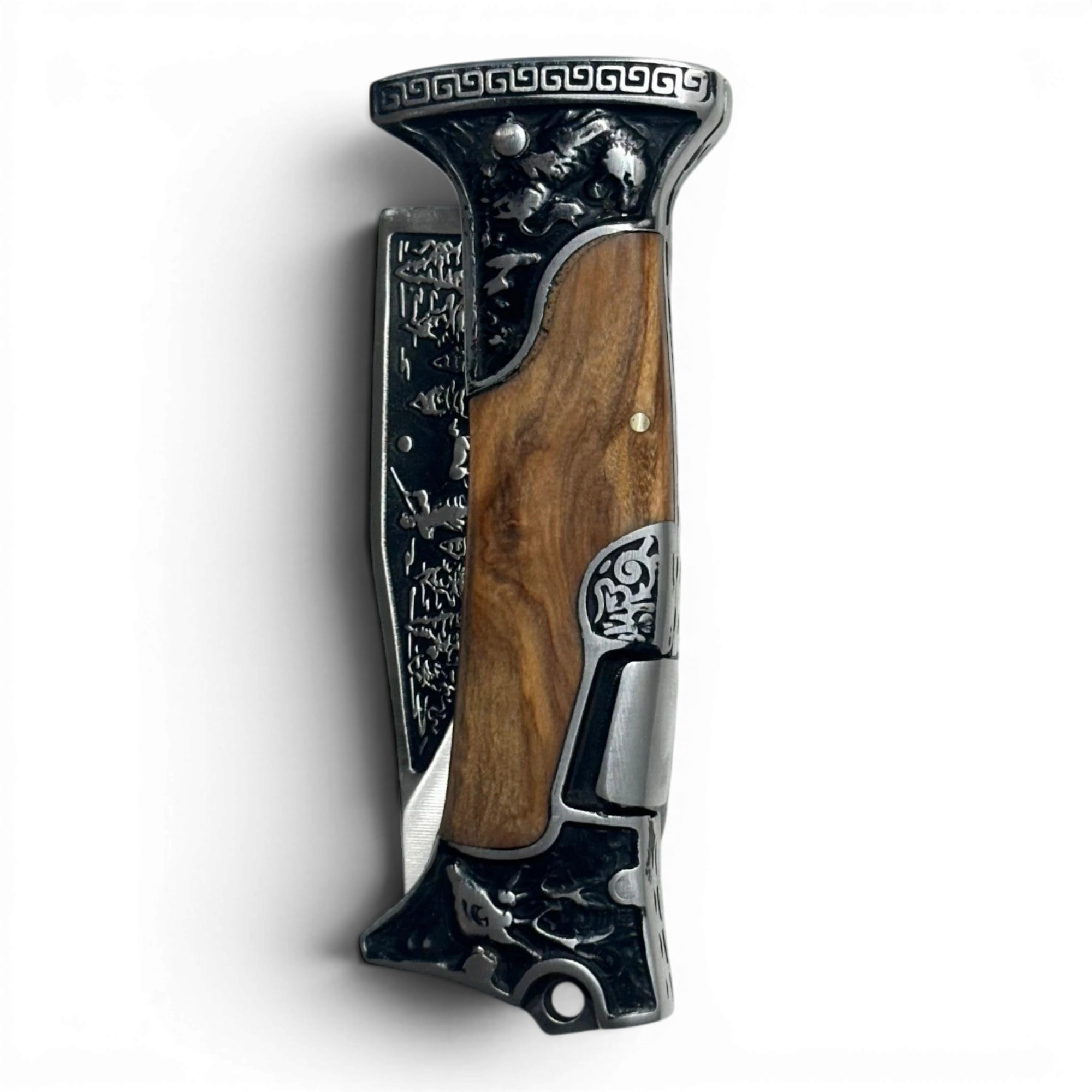 Binoklipood decorative folding pocket knife with stainless steel blade and polished wood handle featuring intricate wildlife metalwork.