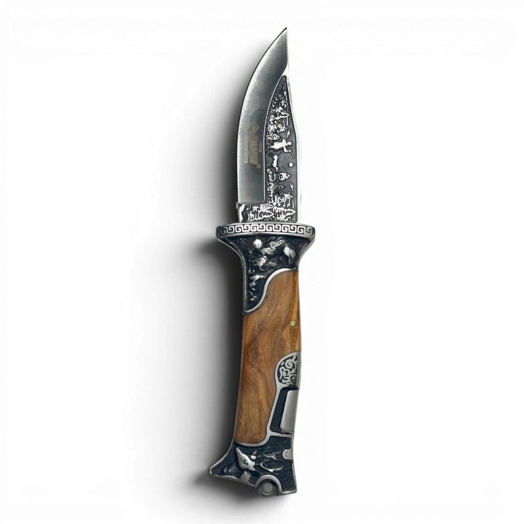 Binoklipood decorative folding pocket knife with stainless steel blade and wooden handle featuring intricate wildlife metalwork.