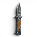 Binoklipood decorative folding pocket knife with stainless steel blade and wooden handle featuring intricate wildlife metalwork.