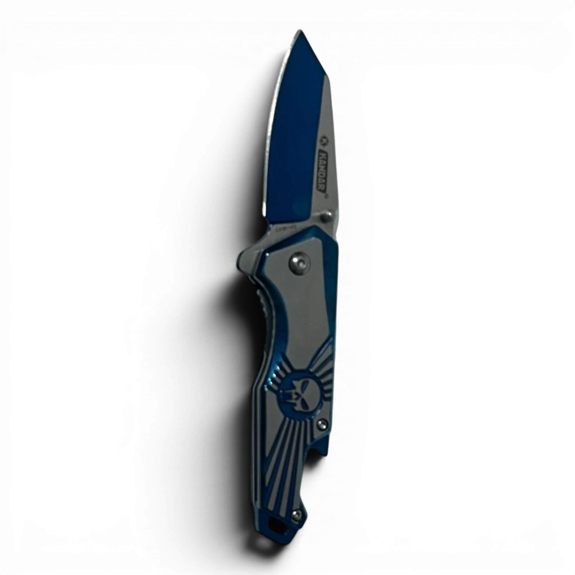 Binoklipood blue stainless steel folding pocket knife with skull and sunburst graphic on metal handle.