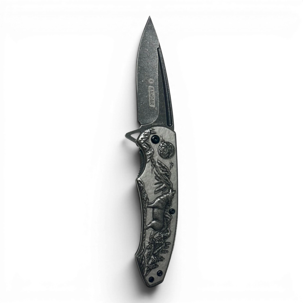 Binoklipood folding pocket knife with stainless steel blade and embossed wildlife scene on metal handle.
