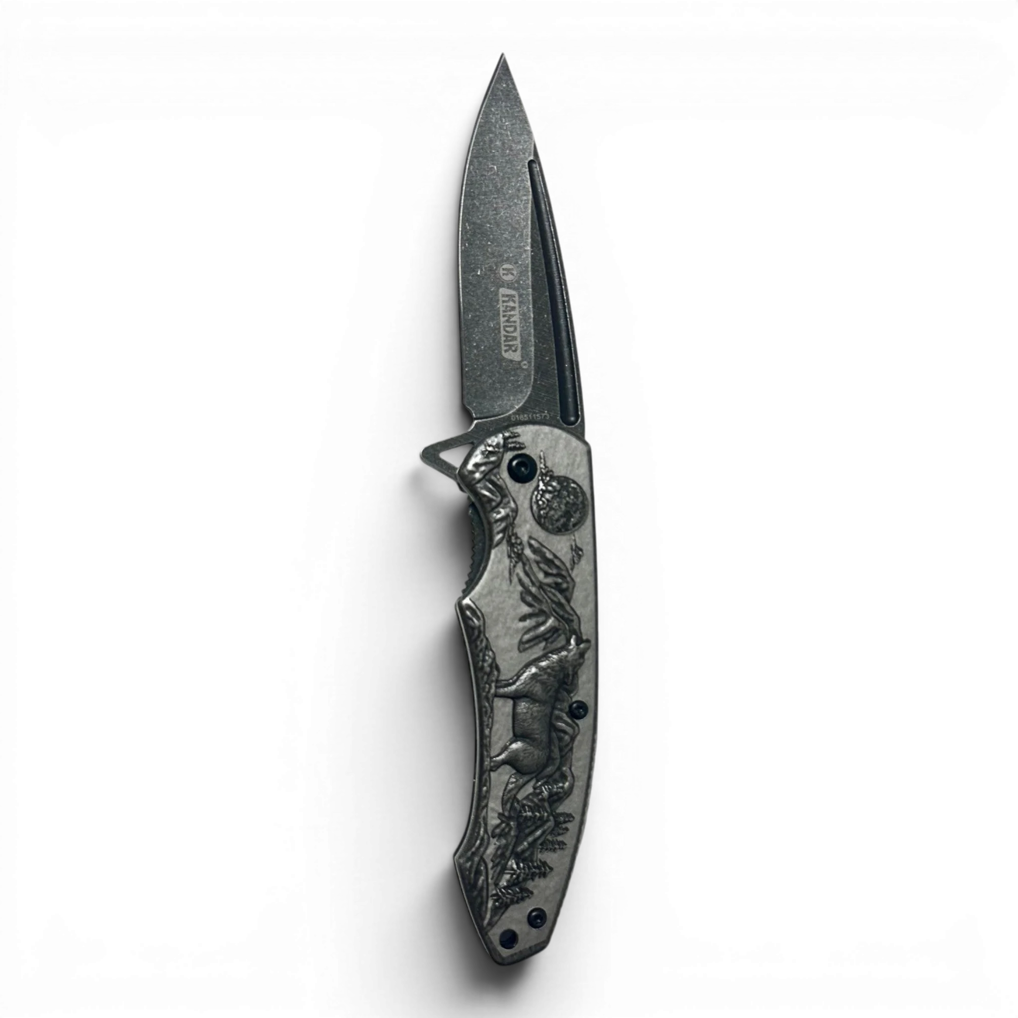 Binoklipood folding pocket knife with stainless steel blade and embossed wildlife scene on metal handle.