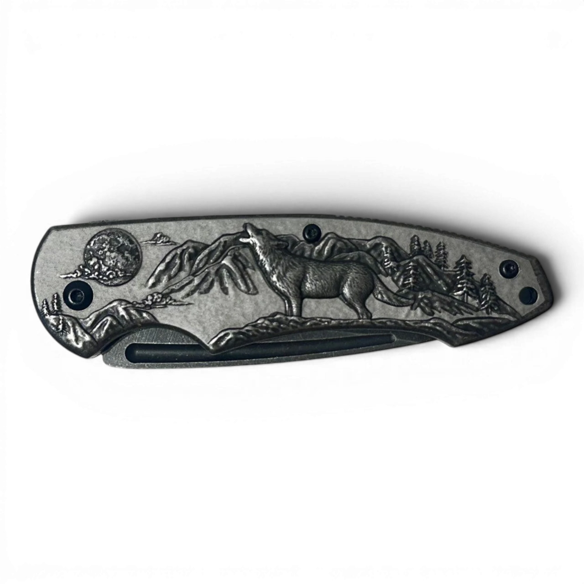 Binoklipood folding pocket knife with embossed wildlife scene, deer and forest landscape. Stainless steel blade.