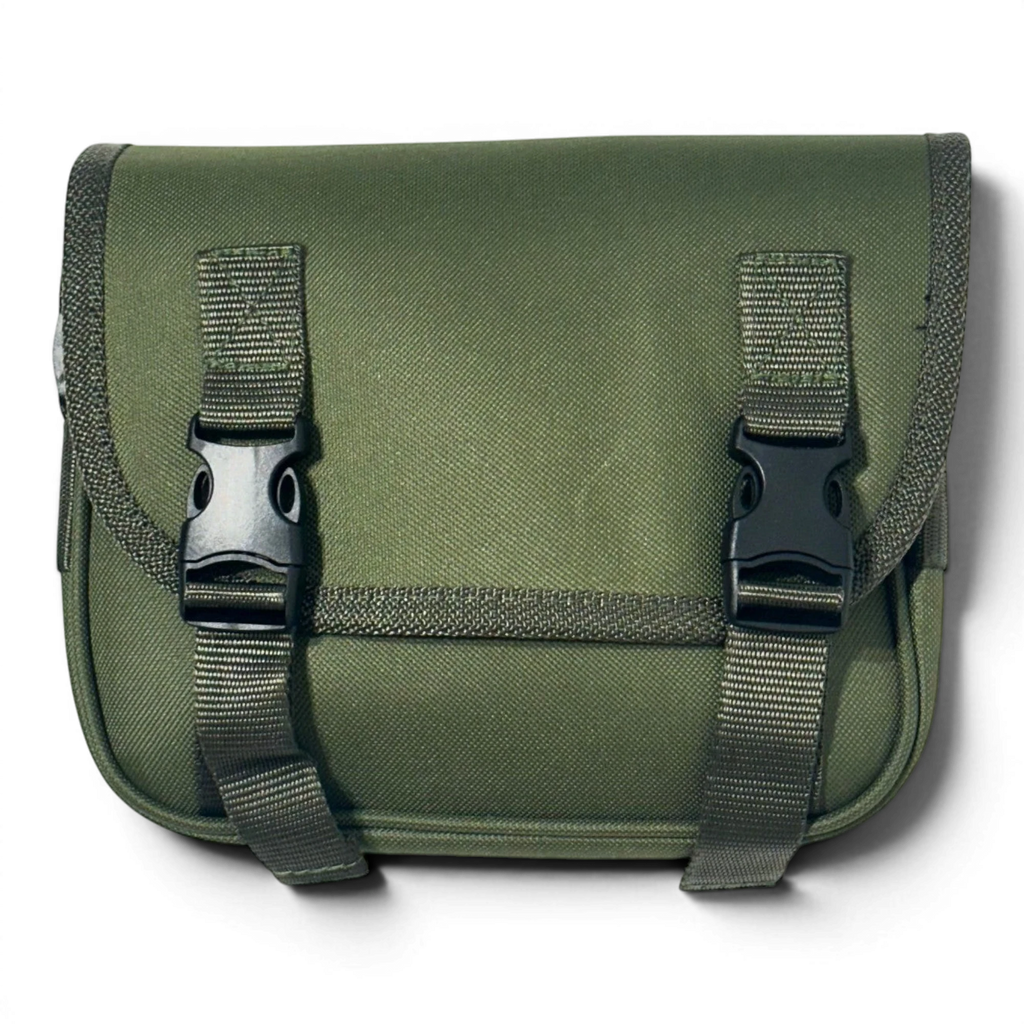Binoklipood green canvas pouch with black buckle straps and zipper closure.