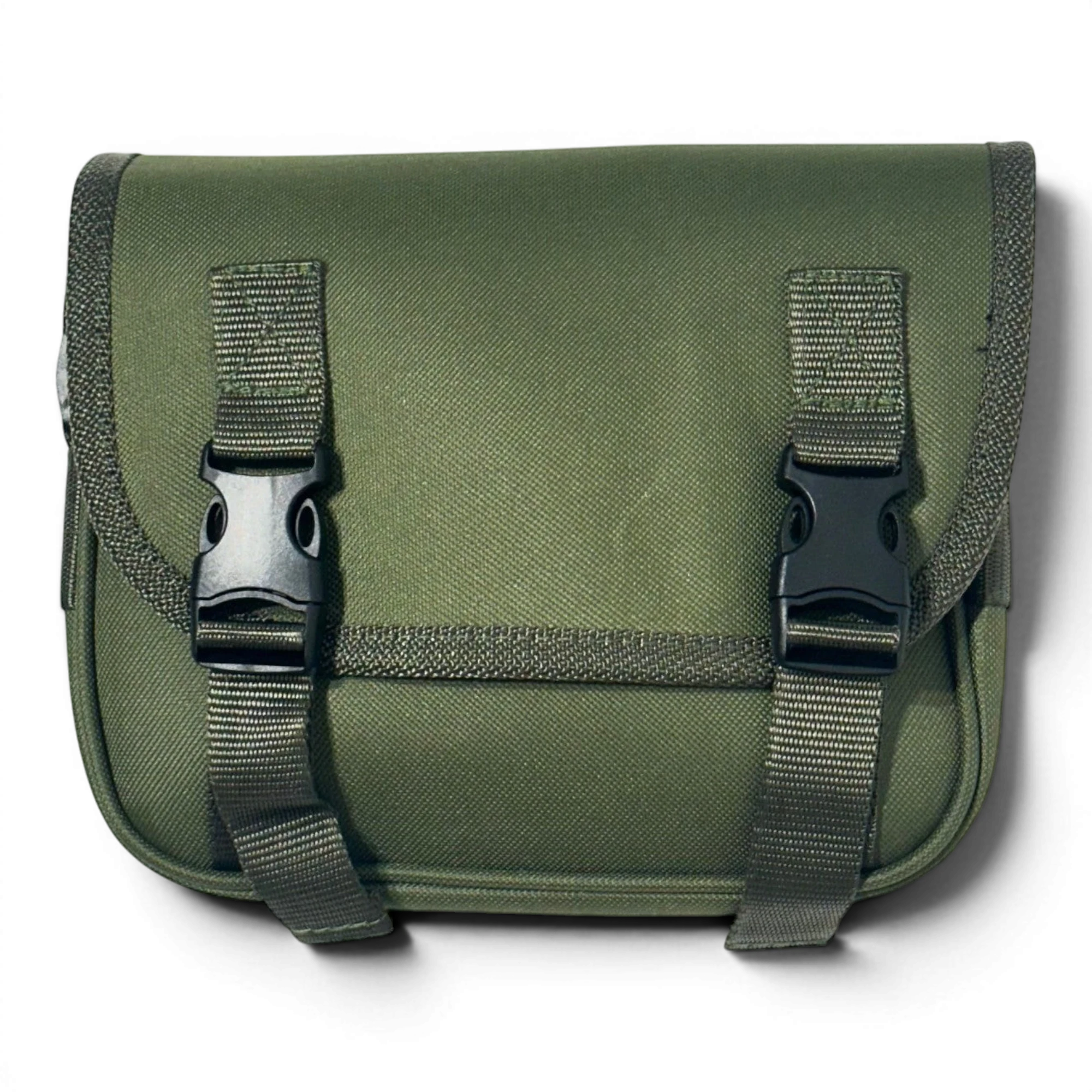 Binoklipood green canvas pouch with black buckle straps and zipper closure.