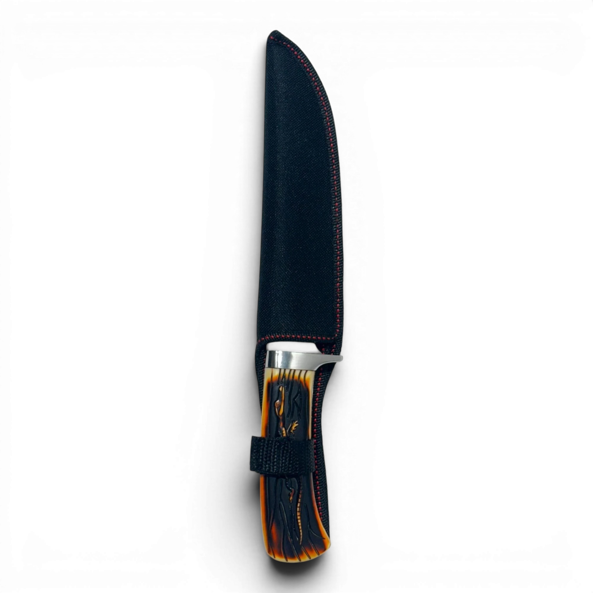 Binoklipood fixed-blade hunting knife with faux stag handle and black nylon sheath. Stainless steel blade.
