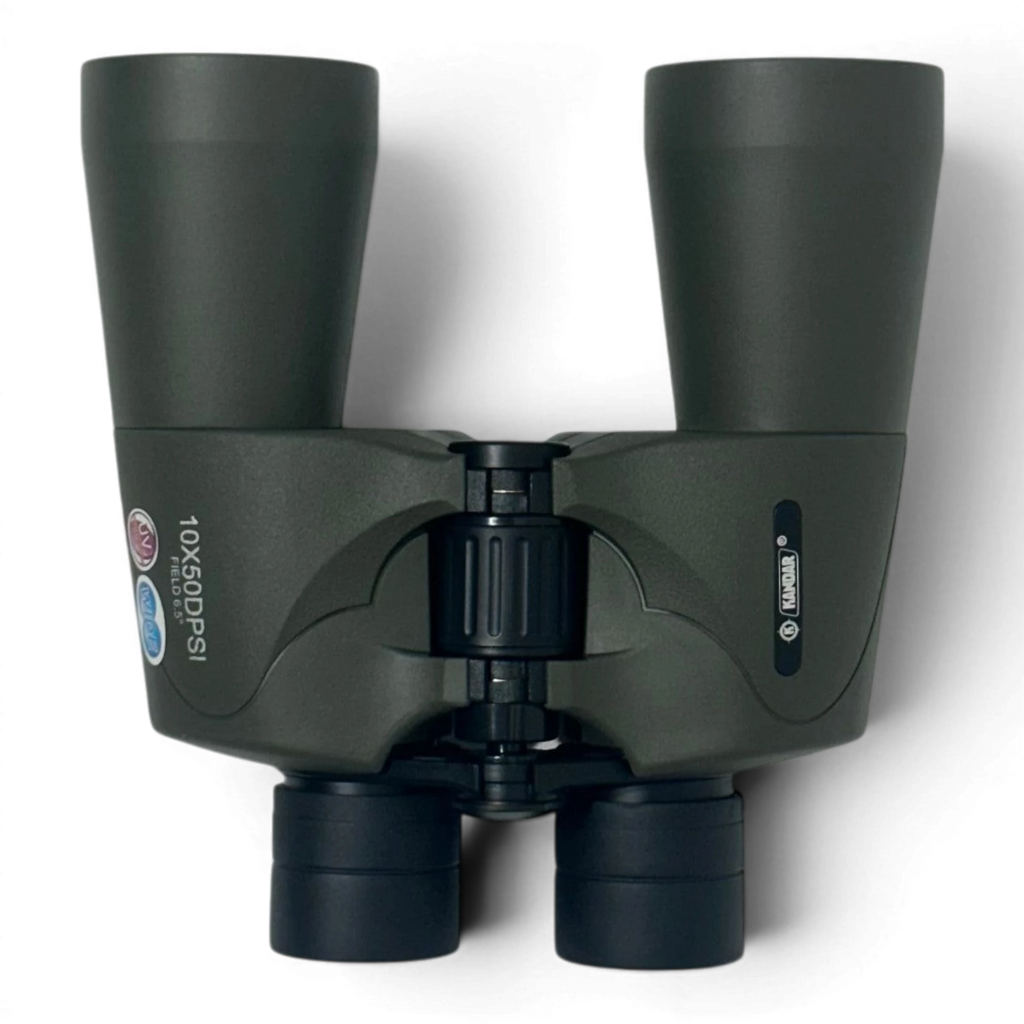 Binoklipood Kandar 10x50PSI binoculars in dark green with black lens caps and focus wheel.