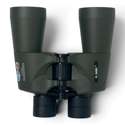 Binoklipood Kandar 10x50PSI binoculars in dark green with black lens caps and focus wheel.