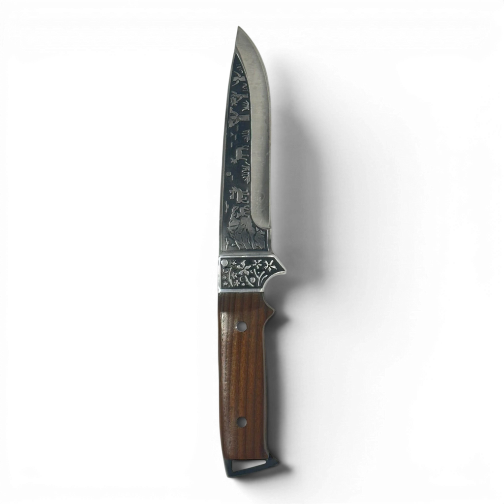Binoklipood Kandar hunting knife with laser-etched detailing on steel blade and polished wood handle.
