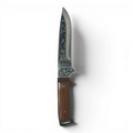 Binoklipood Kandar hunting knife with laser-etched detailing on steel blade and polished wood handle.