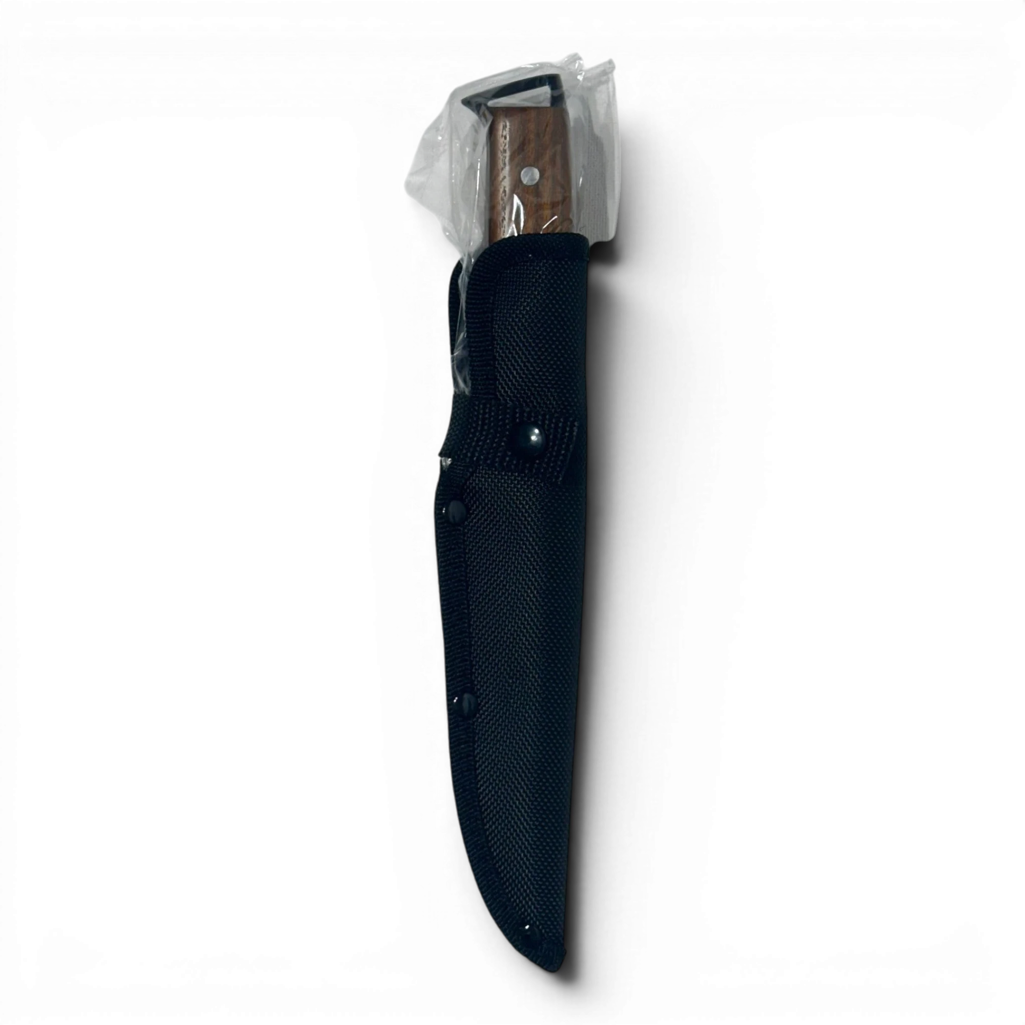 Binoklipood Kandar hunting knife with wood handle and laser-etched blade in black nylon sheath.