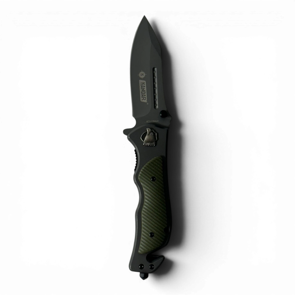 Binoklipood KANDAR tactical folding knife with a matte black steel blade and textured olive green ergonomic handle.