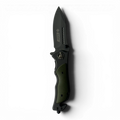 Binoklipood KANDAR tactical folding knife with a matte black steel blade and textured olive green ergonomic handle.