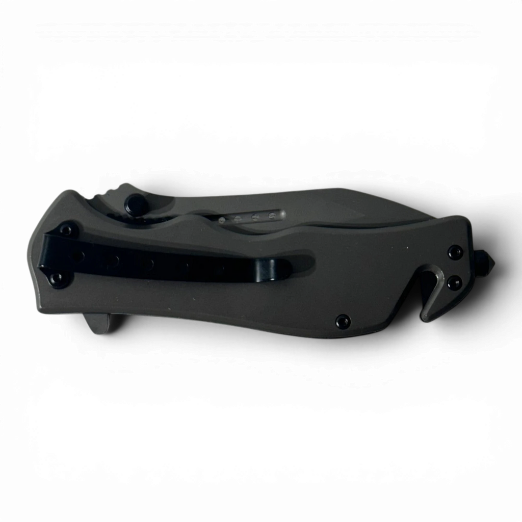 Binoklipood KANDAR tactical folding knife in matte grey with integrated pocket clip, glass breaker, and seatbelt cutter.