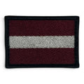 Binoklipood Latvian flag embroidered patch with maroon and white stripes and black border. Durable and vibrant.