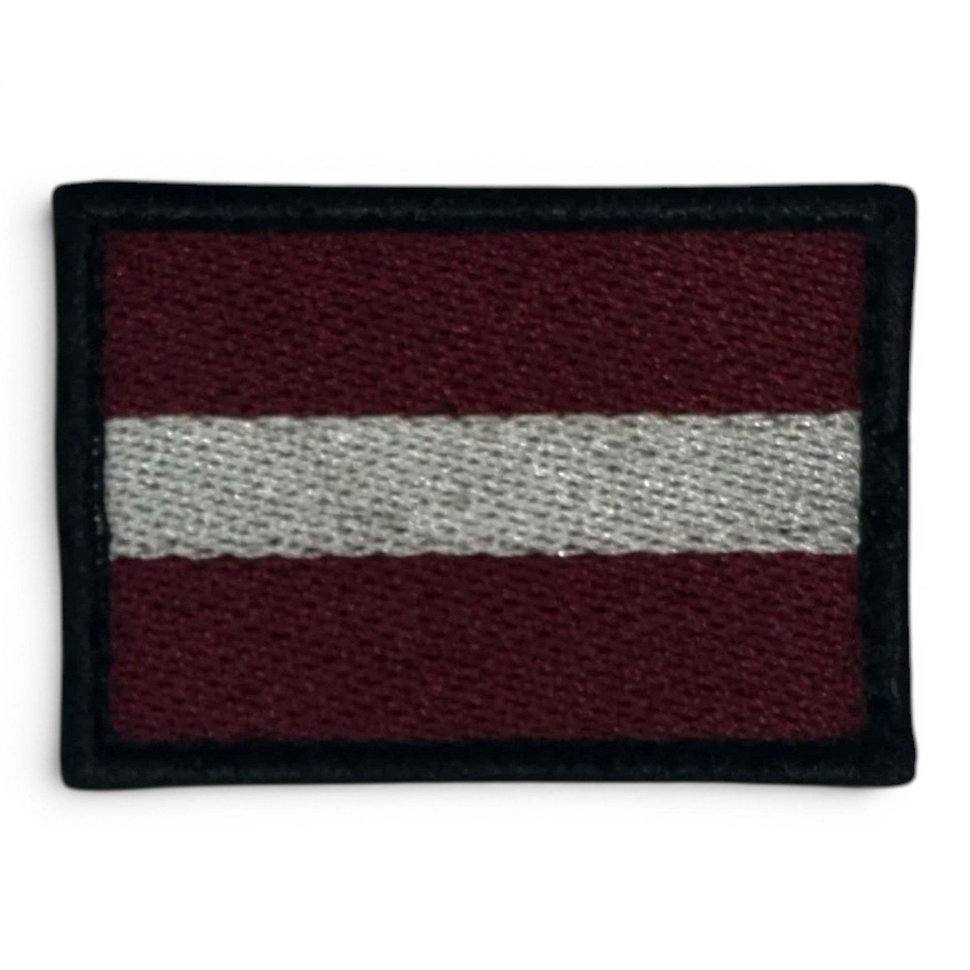 Binoklipood Latvian flag embroidered patch with maroon and white stripes and black border. Durable and vibrant.