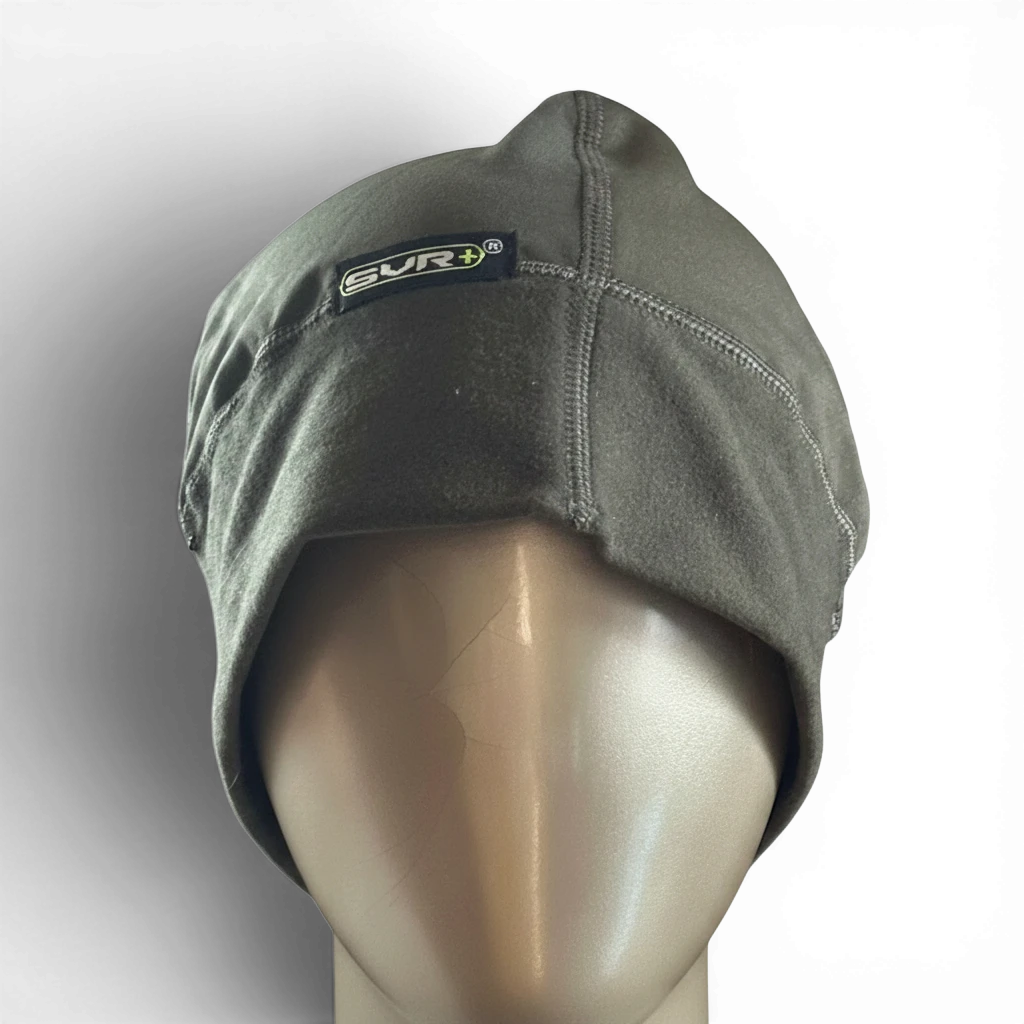 Binoklipood olive green athletic skull cap beanie with moisture-wicking fabric and flatlock stitching on a mannequin head