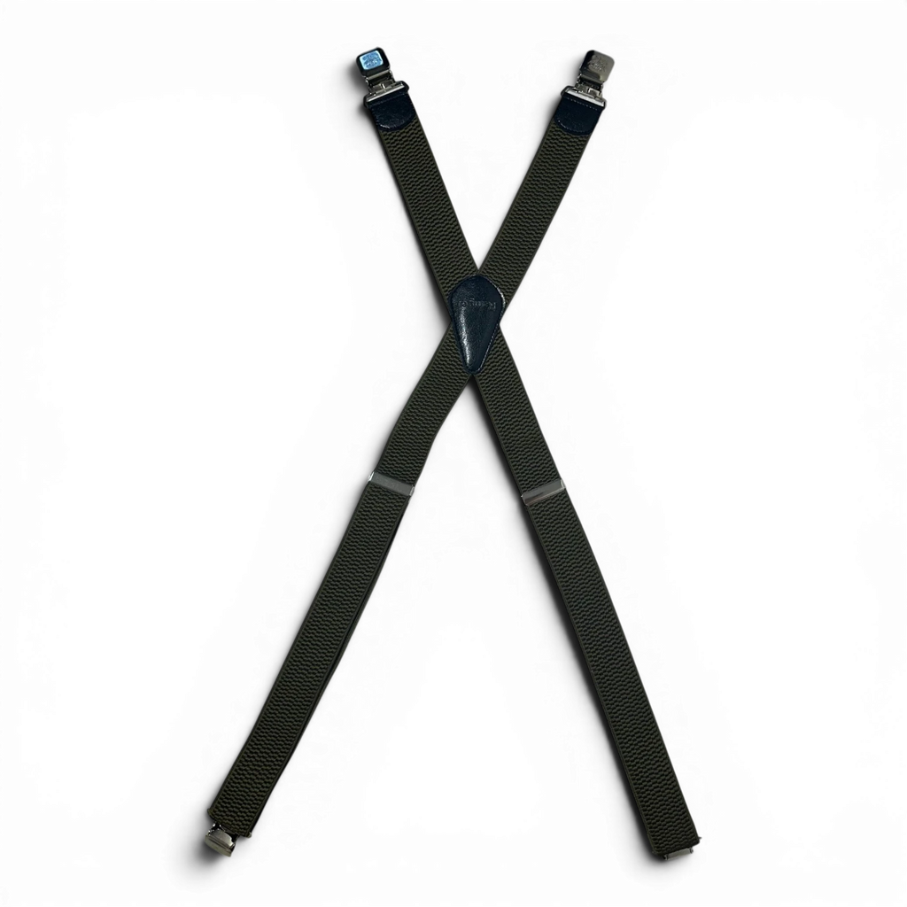 Binoklipood olive green elastic X-back suspenders with leather accents and metal clasps.