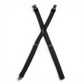 Binoklipood olive green elastic X-back suspenders with leather accents and metal clasps.