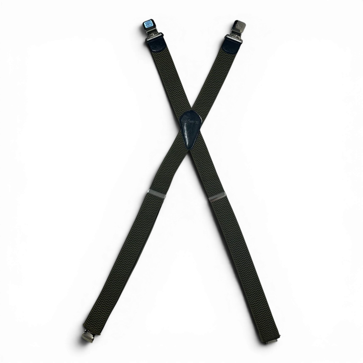 Binoklipood olive green elastic X-back suspenders with leather accents and metal clasps.