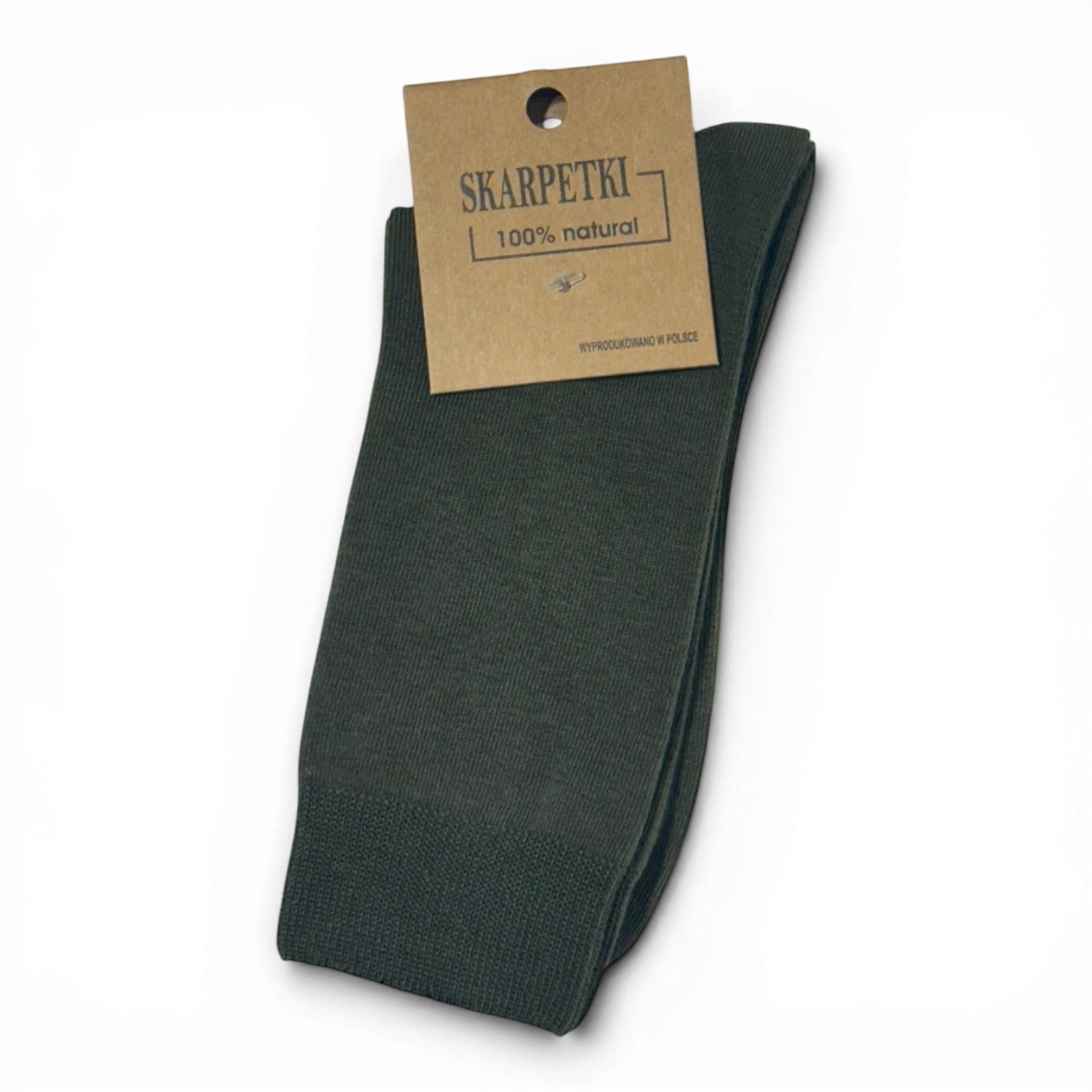 Binoklipood olive green crew socks made from 100% natural fibers with a ribbed cuff for a secure fit.