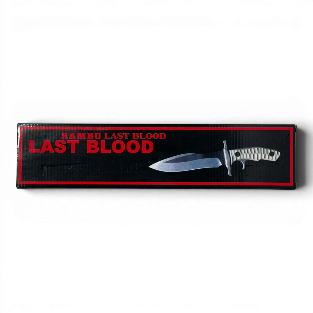 Binoklipood Rambo Last Blood survival knife with stainless steel blade and textured grip on black box.