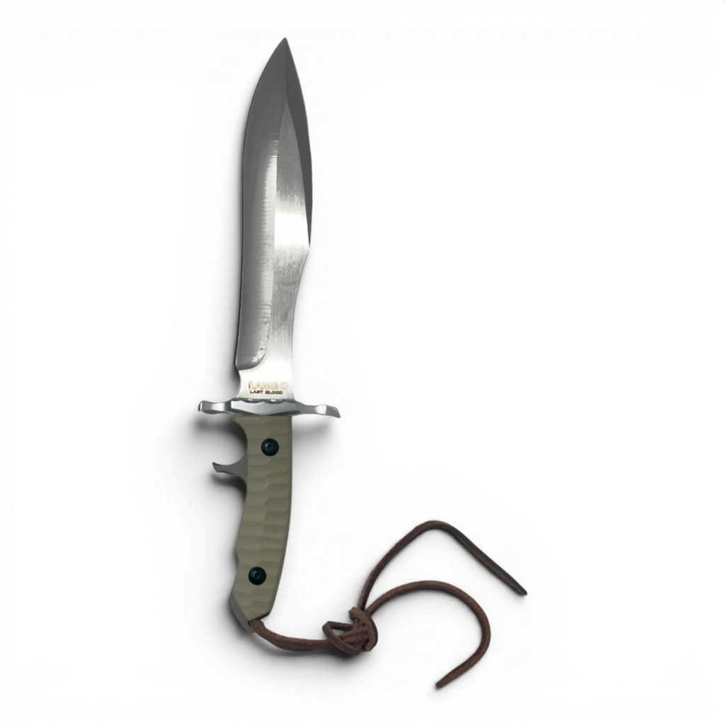 Binoklipood Rambo Last Blood survival knife with stainless steel blade and tan textured grip. Includes leather sheath.