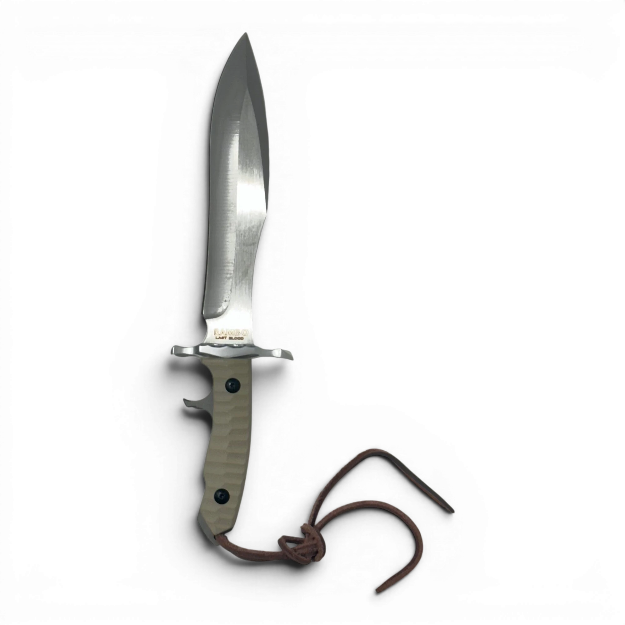 Binoklipood Rambo Last Blood survival knife with stainless steel blade and tan textured grip. Includes leather sheath.