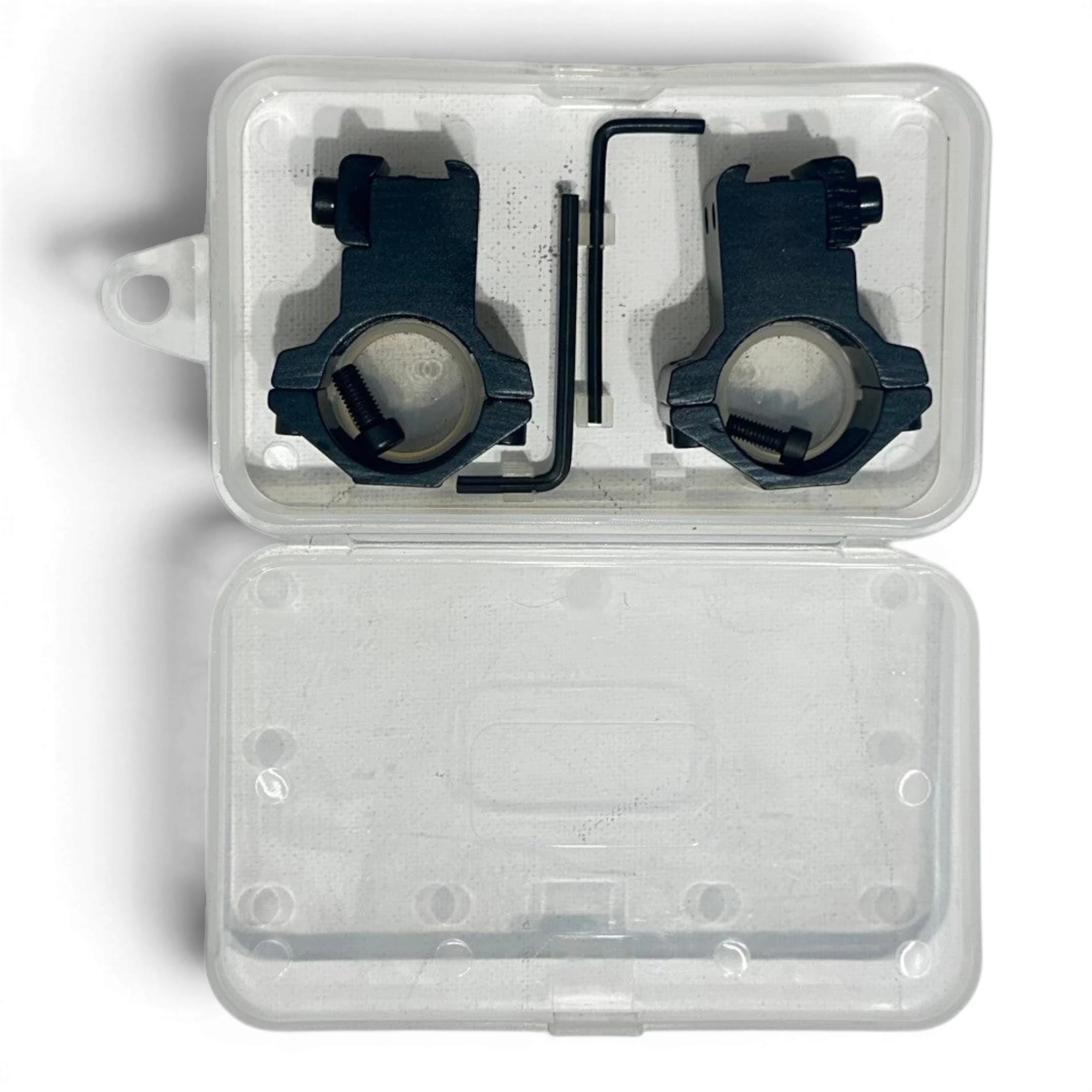Binoklipood black aluminum scope ring mount set with Allen wrench in clear plastic case