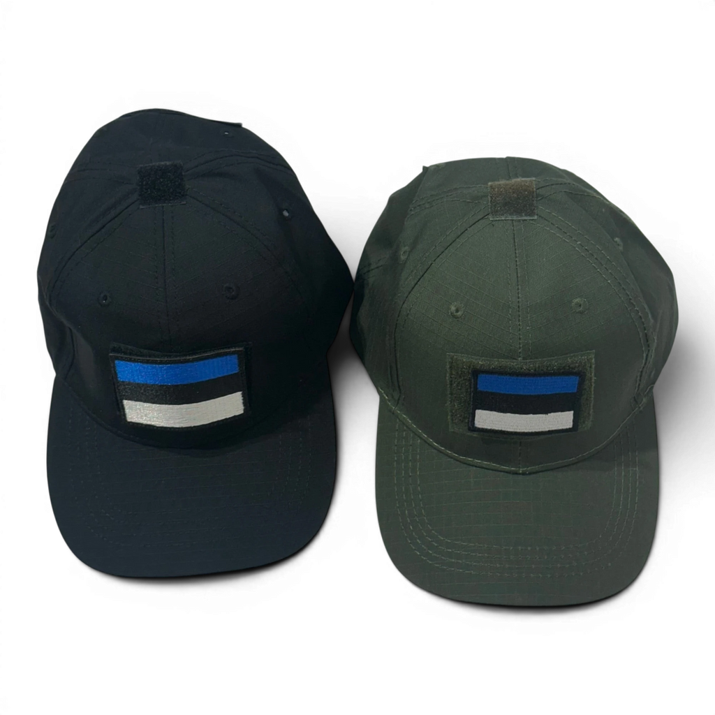 Binoklipood tactical baseball cap in black and olive green, featuring Estonia flag patch and loop fastener for customization.
