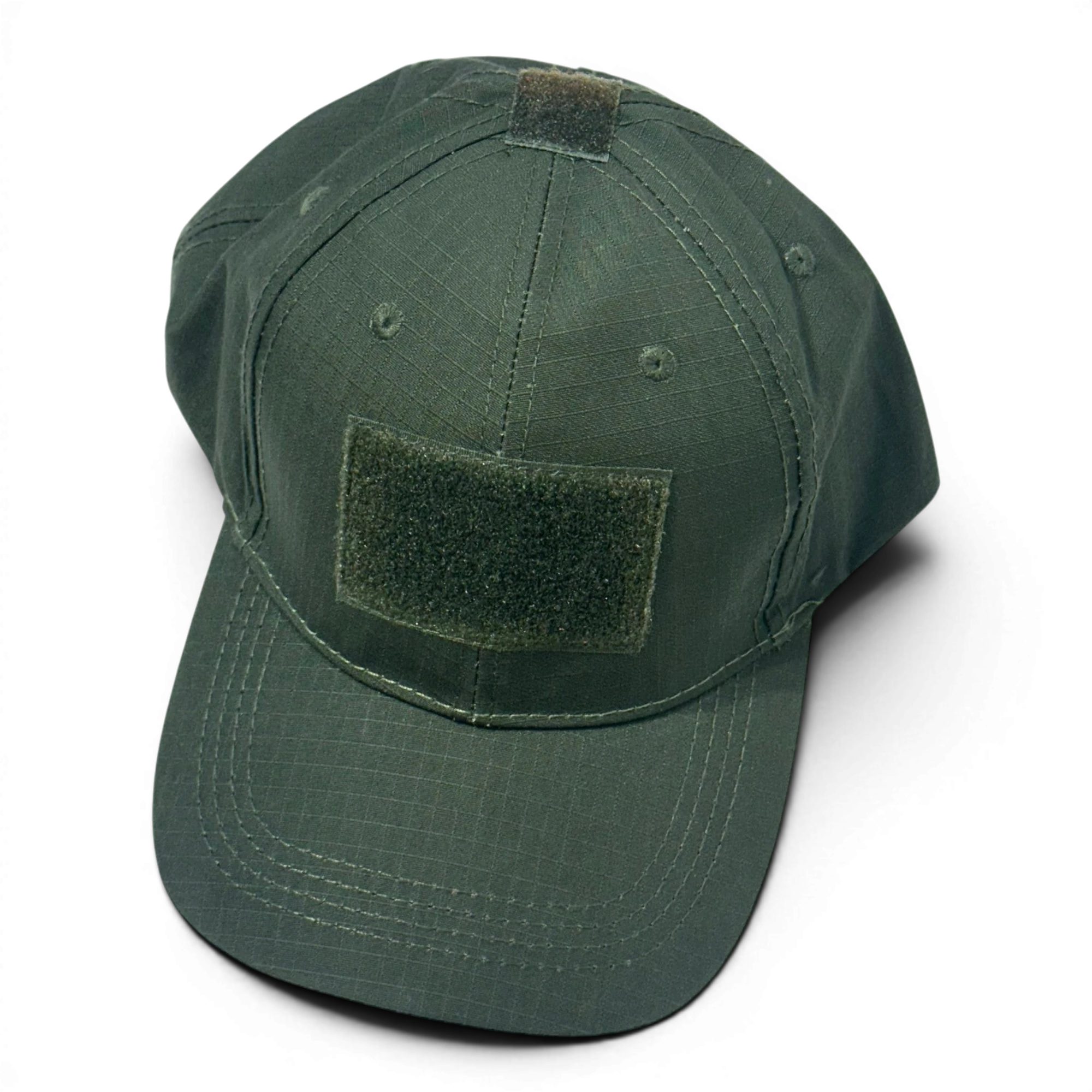 Binoklipood olive green tactical baseball cap made of ripstop fabric with front loop patch and top loop for customization.