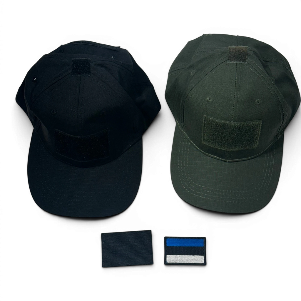 Binoklipood tactical baseball caps in black and olive green, made of ripstop fabric with loop patches for customization.